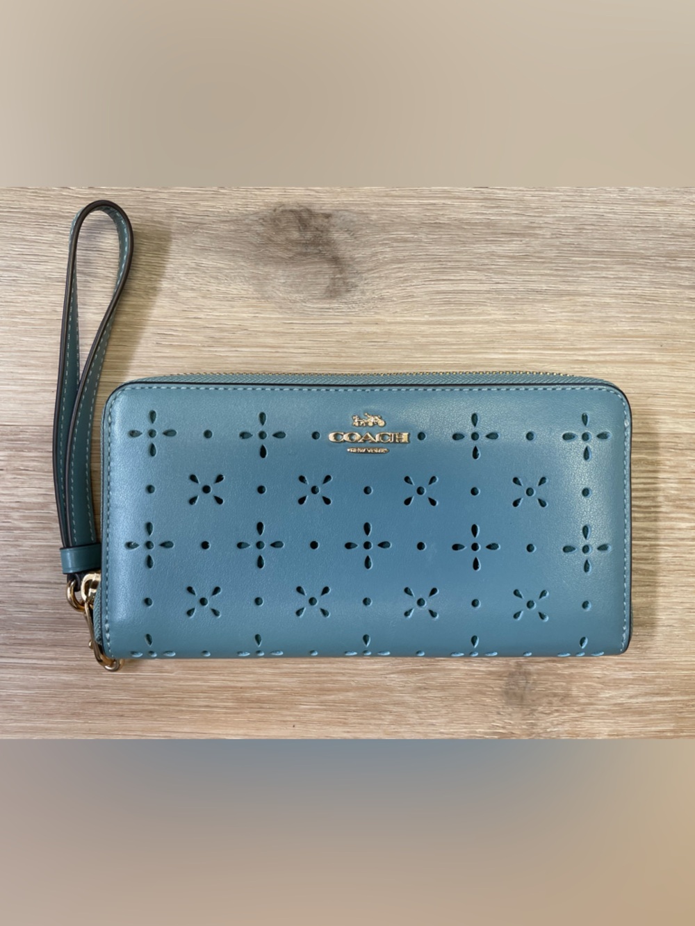 Coach Teal Perforated Leather Wristlet Wallet